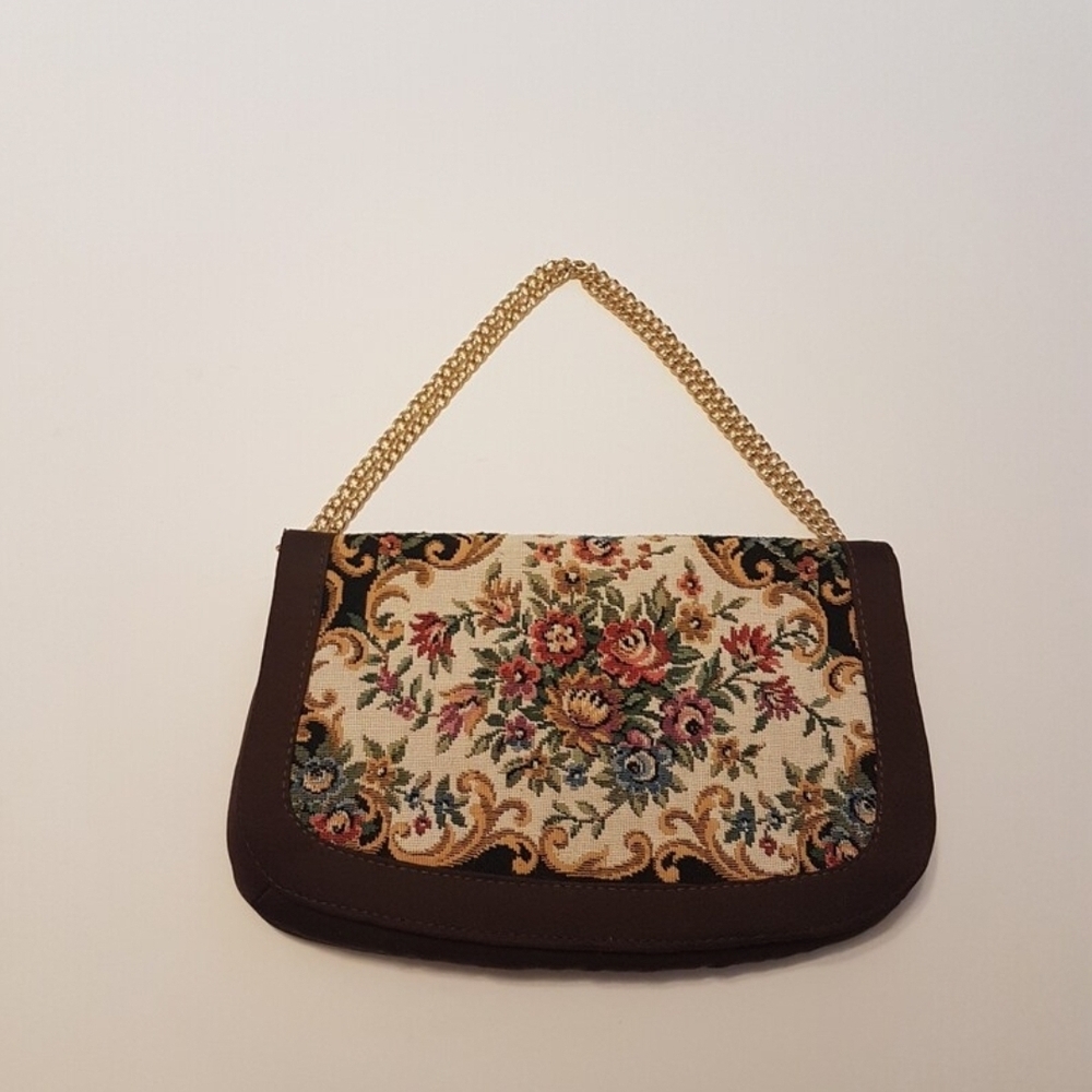 VINTAGE Floral Tapestry Convertible Clutch Shoulder Bag Gold Chain Hong Kong - Picture 4 of 10